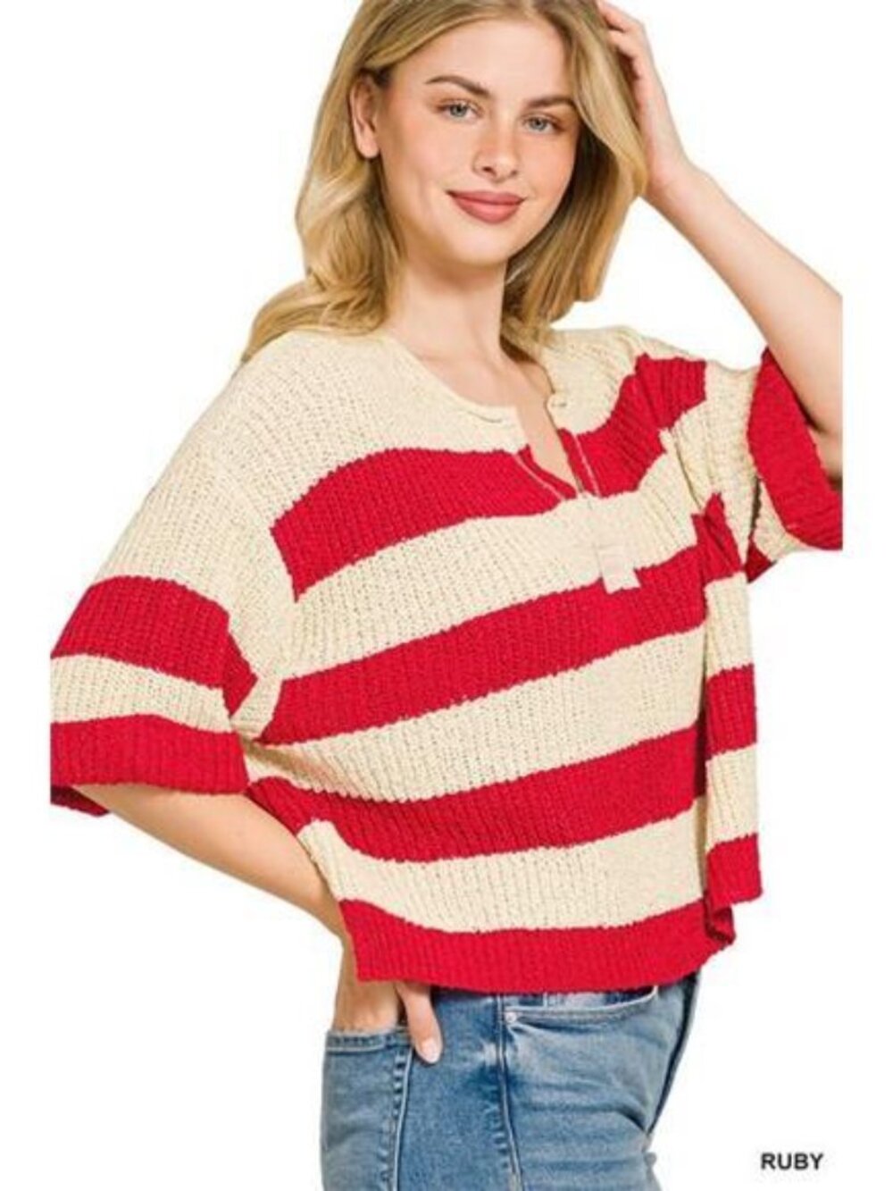 Zenana Split Neck Stripe Sweater - Picture 2 of 3